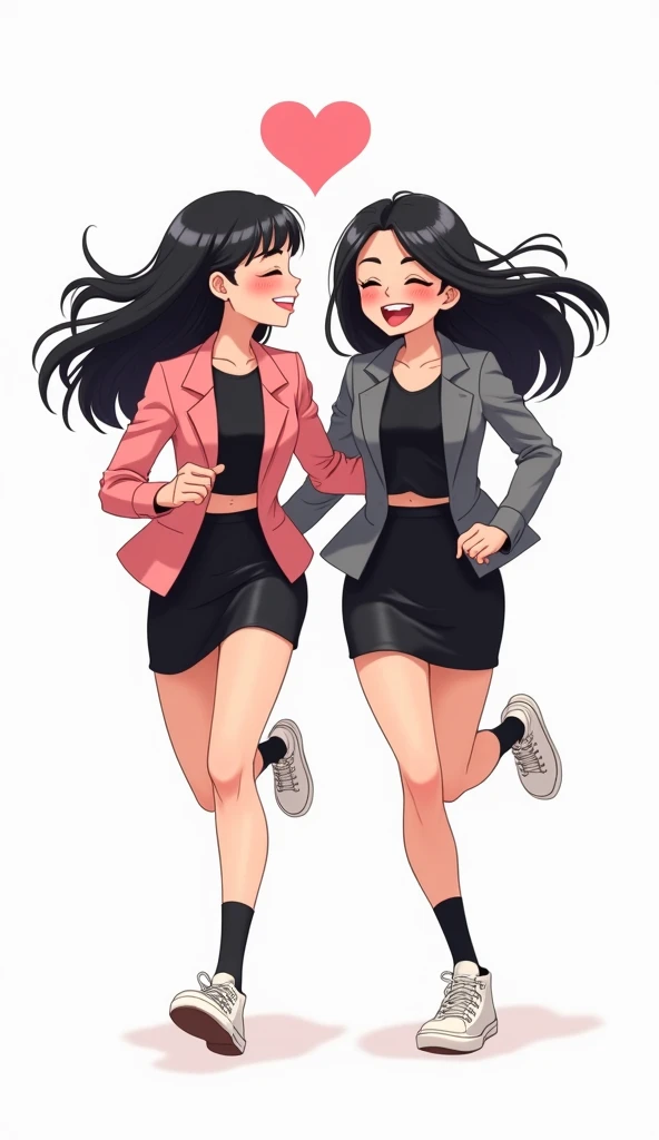 Two young womens, long black hairs, yuri, same height, lesbian.

The first young women wear a pink suit jacket, black shirt, black pencil skirt 14 cm, black underpants, black socks, white sneakers high top.

The second young women wore a grey suit jacket, black shirt, black pencil skirt 14 cm, black underpants, black socks, white sneakers high top.

they're running, smiled, white background, novel cartoon, 4K, HD.