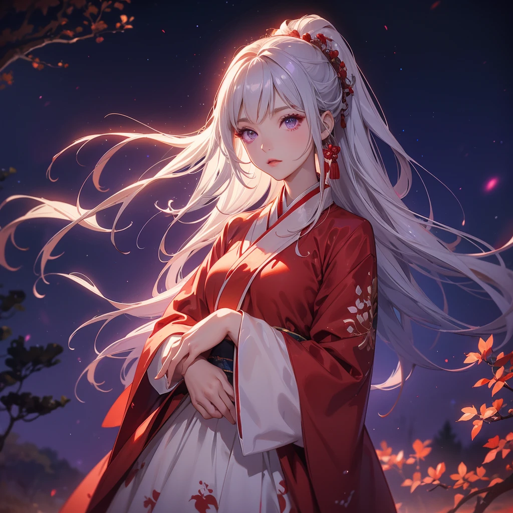 A beautiful female in red-white hanfu dress , Standing in the middle of Background is a dark moonless night, with dry trees in the background, and purple glowing light , close up.