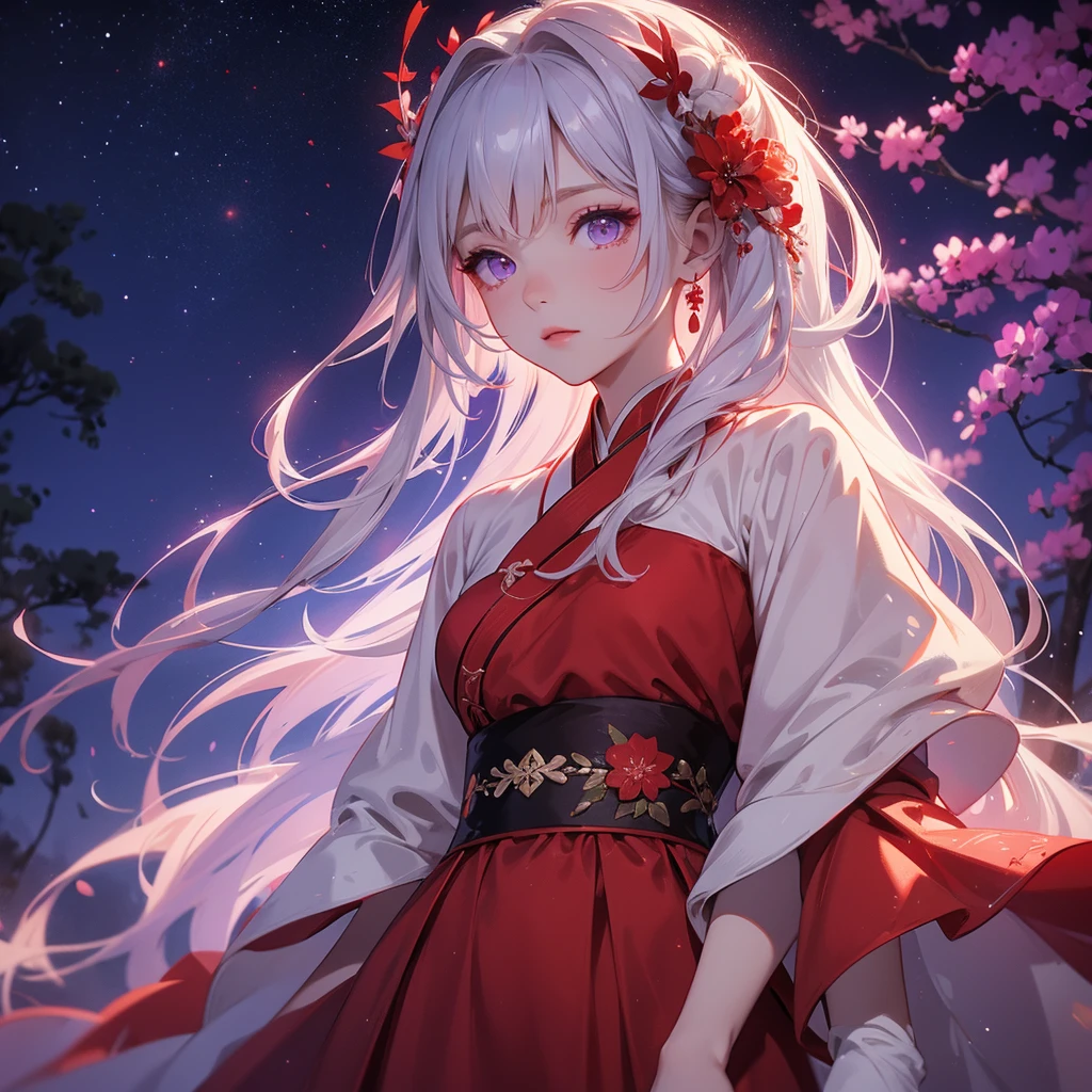 A beautiful female in red-white hanfu dress , Standing in the middle of Background is a dark moonless night, with dry trees in the background, and purple glowing light , close up.