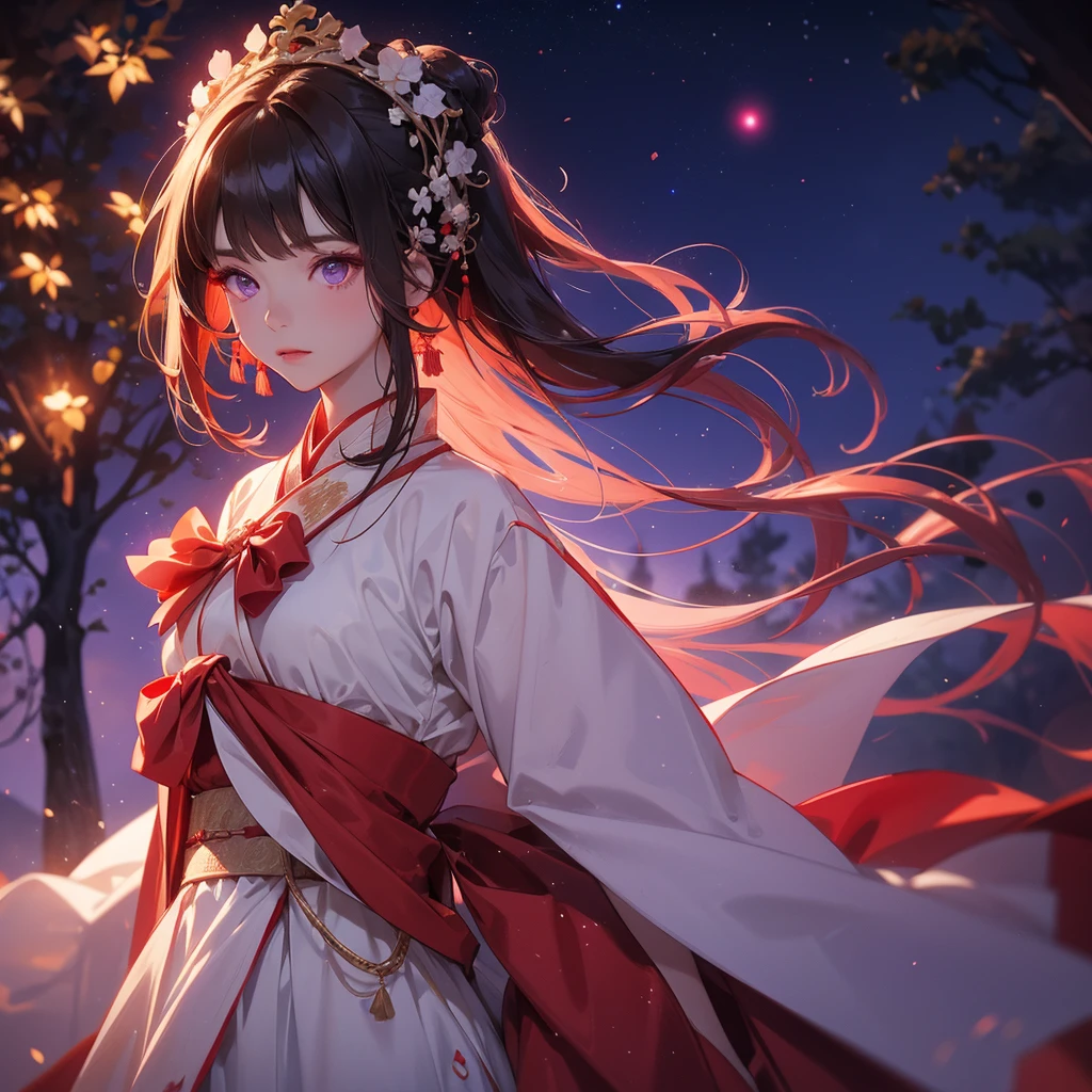 A beautiful female in red-white hanfu dress , Standing in the middle of Background is a dark moonless night, with dry trees in the background, and purple glowing light , close up.