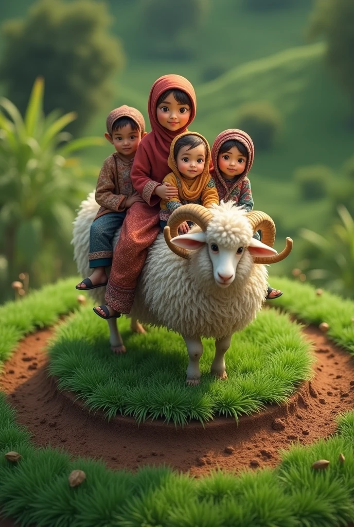 A family dressed in Muslim clothing is riding a sheep. Indonesian people.Fresh green shades. facing the camera. Sheep standing on a circle of grass and a layer of soil on the edge.