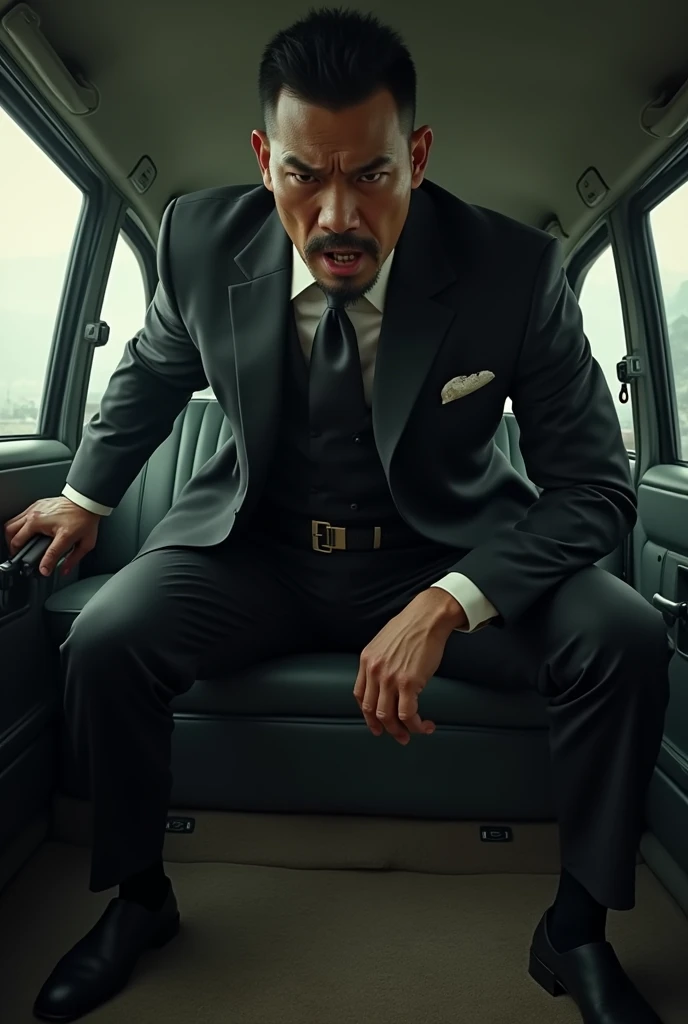 40-year-old gentleman korean,Black suit,Inside the car、mafia、Tall man、Squat with your legs wide apart、I have an erection、The crotch area of the pants is bulging,logic,Gay ,Very short hair、、Stubble,Iraqi face,Hermes Belt。Black socks、Equipped with a gun、Screaming under attack、Painful face