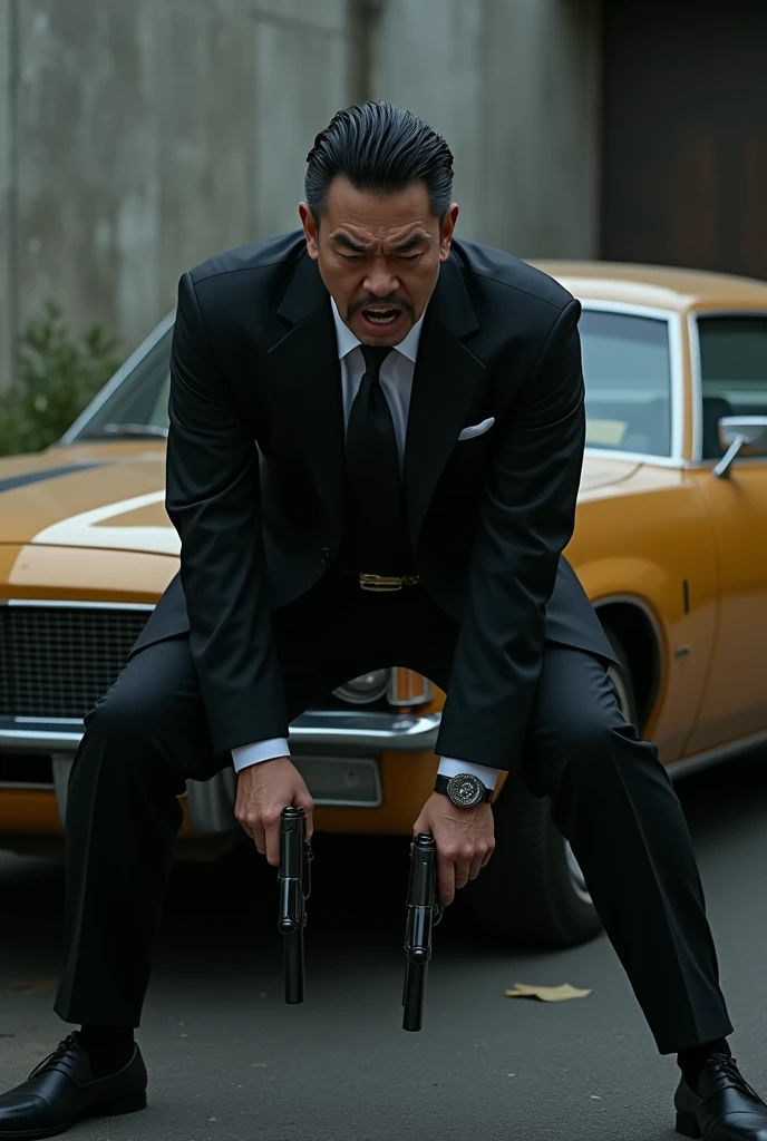 40-year-old gentleman korean,Black suit,Inside the car、mafia、Tall man、Squat with your legs wide apart、I have an 、The crotch area of the pants is bulging,logic,Gay ,Very short hair、、Stubble,Iraqi face,Hermes Belt。Black socks、Equipped with a gun、Screaming under attack、Painful face