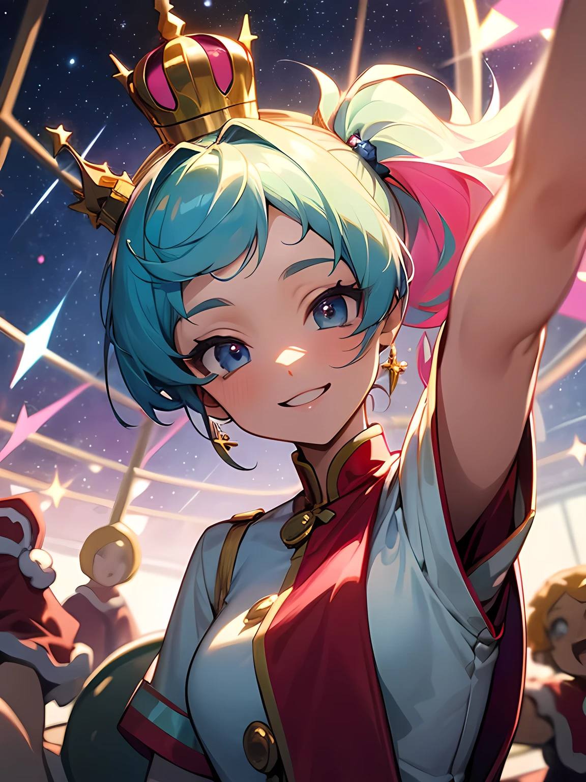 solo,close up face,upperbody,pink multicolor one side ponytail,Merry-go-round crown on head,big smile,shiny clothe,starry sky,