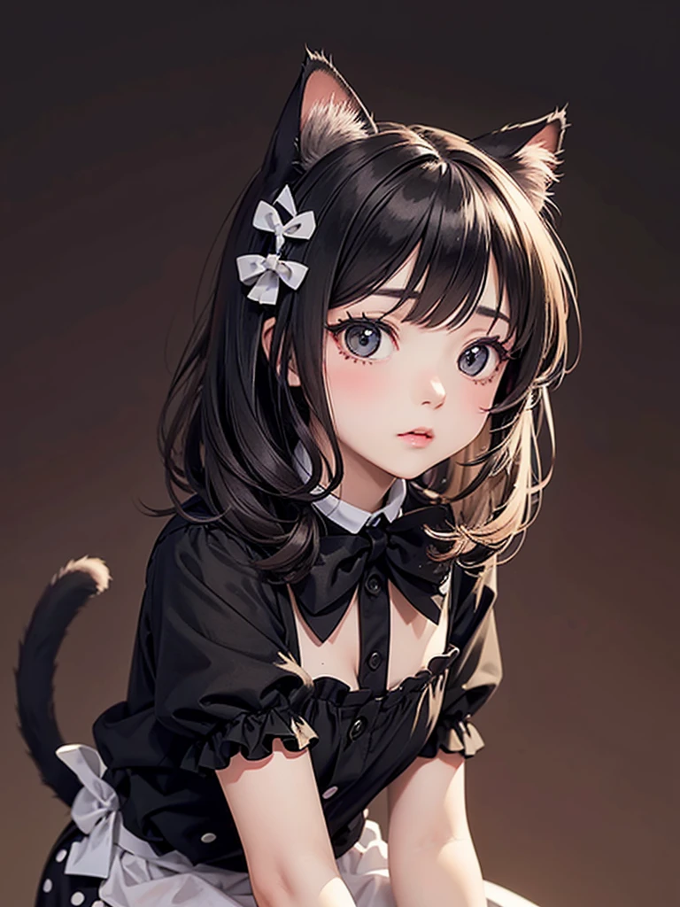 Cat wearing a black polka dot ribbon