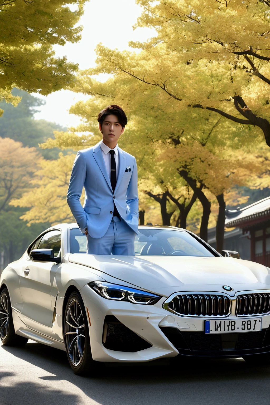 (One wearing a full light blue striped suit、White shirt、tie、Japanese man about 180cm tall)、best quality、masterpiece、Ultra-high resolution、(Photo realism:1.4)、original photo、(街道上One wearing a full light blue striped suit、White shirt、打tie的年輕英俊的日本男人、Standing under the ginkgo tree、Yellow and big ginkgo leaves、Clear details of leaves)、(There is a white BMW840I next to the man、Man's hands on car roof) shadow、Octane Rendering、8K、super sharp、real light、(There is only one white BMW on the street、man's shining eyes、looking in the direction of the camera)、super high quality、High target、gentleman、very beautiful hair、Bright photos、The man is as handsome as a model and as handsome as an idol,Professional profile photo, Professional portraits、Realistic portraits, Detailed color portrait, Idol portrait, high quality photos.