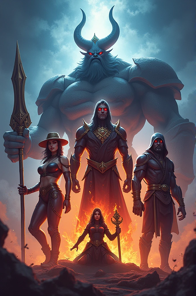 A COVER OF THE LEAGUE OF LEGENDS CHAMPIONS DARIUS , MALPHITE,MISSFORTUNE,brand,JHIN PLEASE WITH THE GROUP NAME "THE LOL HANDCRAFTS"