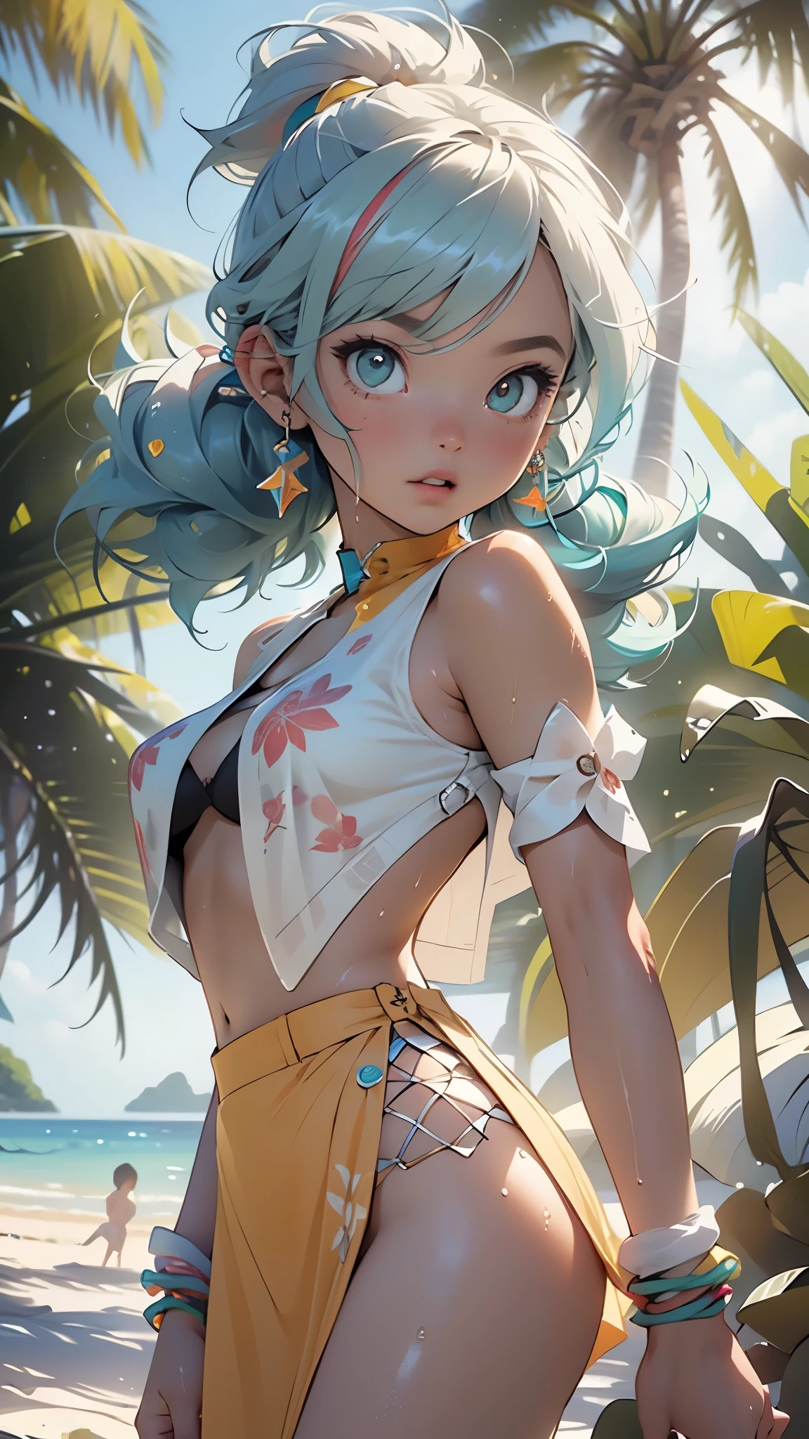 cute little ,(((little ,small tiny body,petite,chibi))),((())),((little with extremely cute and beautiful aqua hair)),(baby face),(round face),
(((flat chest))),(((aqua hair:1.5,long aqua hair,ponytail,colored inner hair,ear breathing,))),((heterochromia:1.5, (aqua_eye and yellow_eye))),intricate eyes,beautiful detailed eyes,symmetrical eyes,big eyes:1.5,(((lustrous skin:1.5,bright skin: 1.5,skin tanned,shiny skin,very shiny skin,shiny body,plastic glitter skin,exaggerated shiny skin,illuminated skin,wet legs))),(detailed body,(detailed face)),
cute,slutty,erotic,((nsfw)),
zettai ryouiki,(revealing clothing,show skin),((sideboob)),(barefoot,),(((breast curtain,low rise mini skirt,high cut thong))),((colorful clothes, clothes in neon colors)),((wet clothes,intricate outfit,intricate clothes)),
(dynamic pose:1.0),solo focus,embarrassed,(centered,scale to fit dimensions,Rule of thirds),
outdoor,((beach rave party)),scenery:1.25,((intricate scenery)),((beach rave party background)),beach rave party atmosphere,Summer beach party,sand,beach party behind,harmonized orange sunset adding to the atmosphere of a summer beach party,beach party atmosphere,Boom festival,European rave,Cytorance festival,time golden,Ozora festival,sea,horizon,palm,palm trees,Christmas lights,
(Glossy rave ornaments),highres,sharp focus,(ultra detailed,extremely detailed),(photorealistic artwork:1.37),(extremely detailed CG unity 8k wallpaper),(((vibrant colors,vibrant theme))),(intricate),(masterpiece),(best quality),artistic photography,(photography taken by sldr),(intricate background),perfect rendered face,perfect face details,realistic face,photo realistic,((intricate detail)),(((realism))),