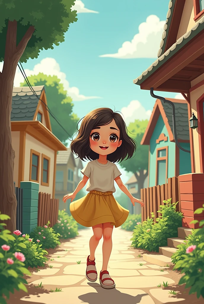 Skinny girl in the neighborhood with young memory in cartoon
