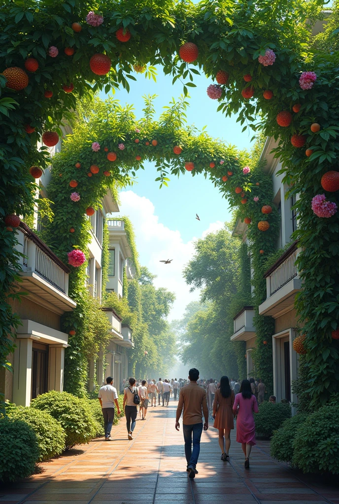 (photorealism:1.2), The Church Street in Bangalore in India, with vegetation of beautiful flowers and fruits on white canopies, between the buildings, insects and birds roaming around the canopies, the vegetal canopies are provided by the Green Shades and provide shade for the people.