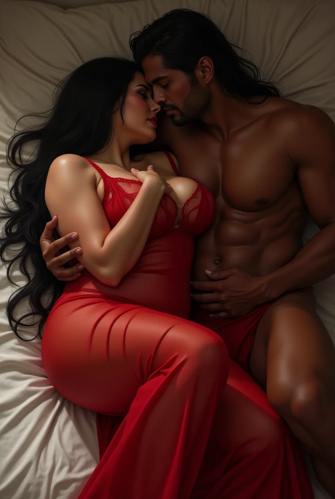 Brown female body with big breasts and big buttocks in a long transparent red dress , lying on her bed, long straight hair, eyes black, big nose , thick-thighs, thin mouth,  Waist slender ,  sensual hugging a shirtless man, dark-skinned, with long dark hair, 
