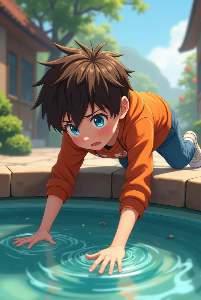 boy with orange sweatshirt, blue eyes, jeans, messy brown hair, white shoes, lying face down on the edge, trying to get something inside the wishing fountain, stretching his arms near the fountain, expression of frustration, style anime, camera