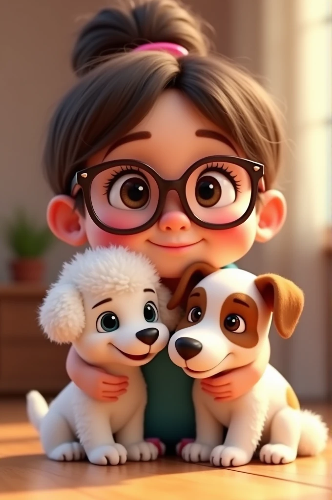 Disney Pixar A 3d toon cartoon of a chubby, plump, somewhat fat girl of about 3 with big glasses and tender eyes, She wears brown hair up in a bun with a middle part,small nose cute smile, who hugs and plays with his two dogs, a white colored poodle and a  white Jack Russell dog with light brown 1 eye patch and large brown spots on his body. Both dogs happy and cute. To use as Instagram profile picture