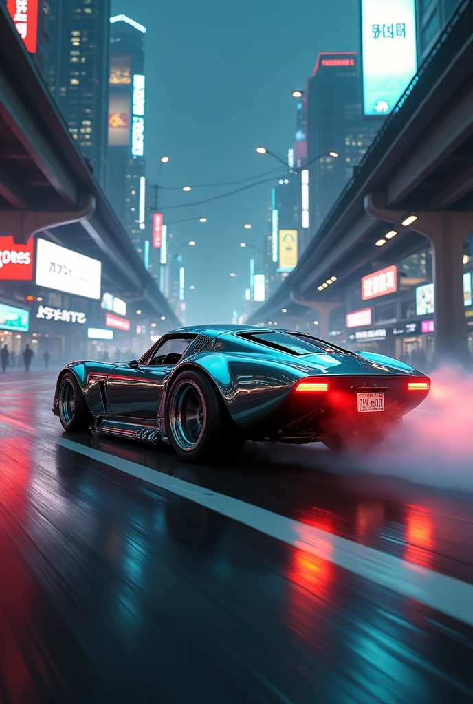 Full HD photo of cyberpunk car drifting backwards  