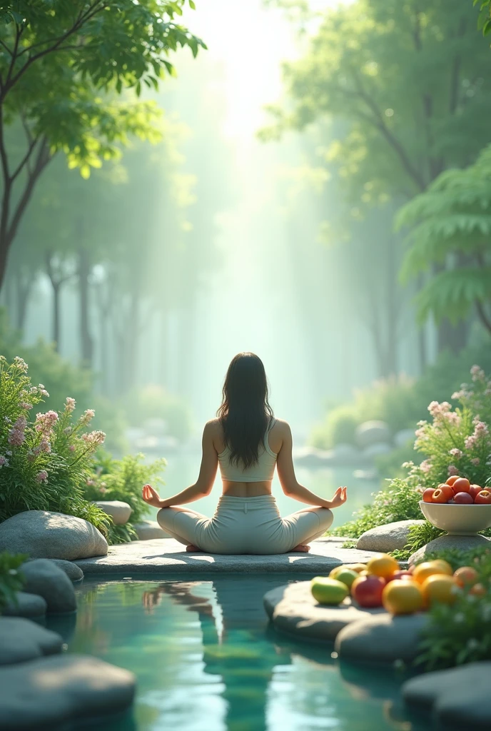 Create a realistic, photorealistic image that captures the essence of holistic health care. Show a person in a serene, natural environment, surrounded by elements that represent different aspects of well-being. The person could be practicing meditation or yoga in an outdoor space, with trees and flowers around them. Include subtle icons of mental, physical, and spiritual health, such as a self-help book, a bowl of fresh fruits, and a small water fountain to symbolize clarity and purification. The color palette should be soft and calming, with shades of green, blue, and lilac, conveying a sense of balance and harmony.