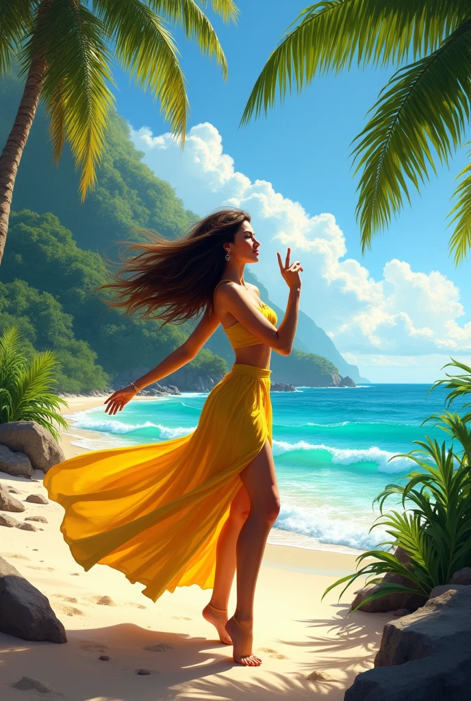 A woman dancing, Brazilian on a lush tropical beach,
making a silence signal with your hand, with your finger in front of your mouth.