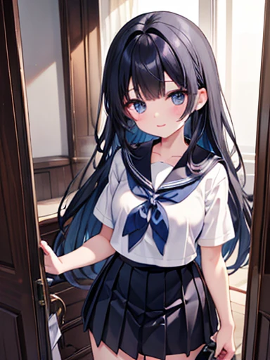 Tabletop, Highest quality, High resolution, masterpiece、Cowboy Shot、(One Girl),(Beautifully drawn eyes in every detail、Look at the details、masterpieceサイドライト、masterpiece、Highest quality、detailed、High resolutionのイラスト),Woman facing forward,Delicate makeup,Laughter,Iris,Half-up hairstyle with short bangs,Black-haired、Her hair color is a blue-gray gradient,school uniform,Shooting from behind、look back、Black Sailor Suit、Red ribbon、Black pleated skirt、 Brown Loafers,