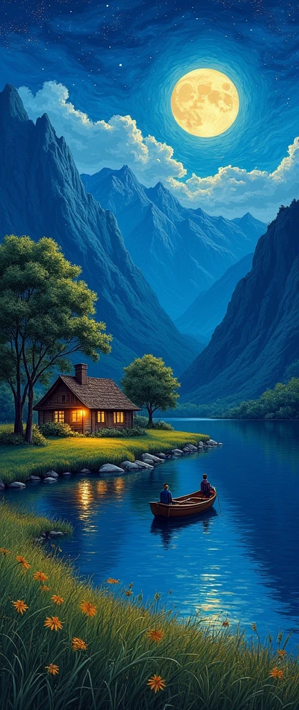 Picturesque night,With a house, Trees, Stars in the sky, water, A boat, moon, Grass, Mountains, And the style of Van Gogh, best quality, 4K, Extremely detailed, Practical, photoPractical, HDR, Ultra HD, Studio Lighting, Super Fine, Clear focus, Physically Based Rendering, Extremely detailed的描述, professional, Bright colors, Bokeh