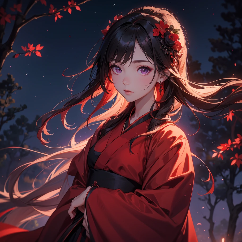 A beautiful female in red-black hanfu dress , Standing in the middle of Background is a dark moonless night, with dry trees in the background, and purple glowing light , close up.