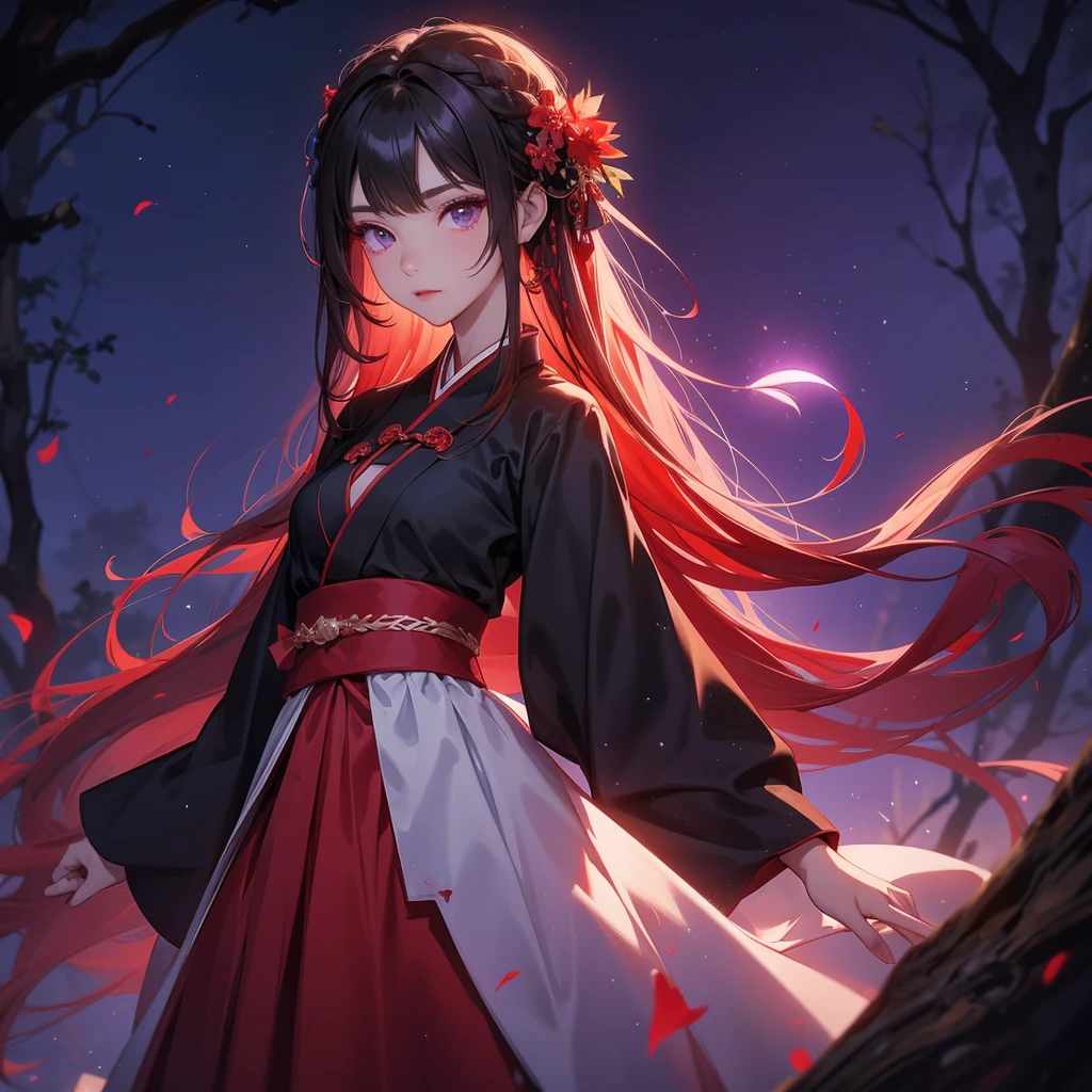 A beautiful female in red-black hanfu dress , Standing in the middle of Background is a dark moonless night, with dry trees in the background, and purple glowing light , close up.
