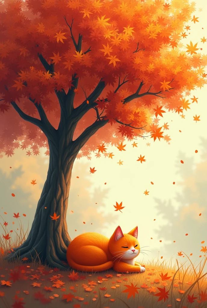 A small orange lazy little cat under a vibrant autumn tree. The leaves of the autumn tree are falling from the wind and the cat is lazily staying under the tree while the scenery is so beautiful and vibrant with the autumn leaves falling. Make the tree in a full view while the focus is the tree and the cat is beside it looking small. The tree should be a bit far away, in a full view. Make the tree in a full wide view