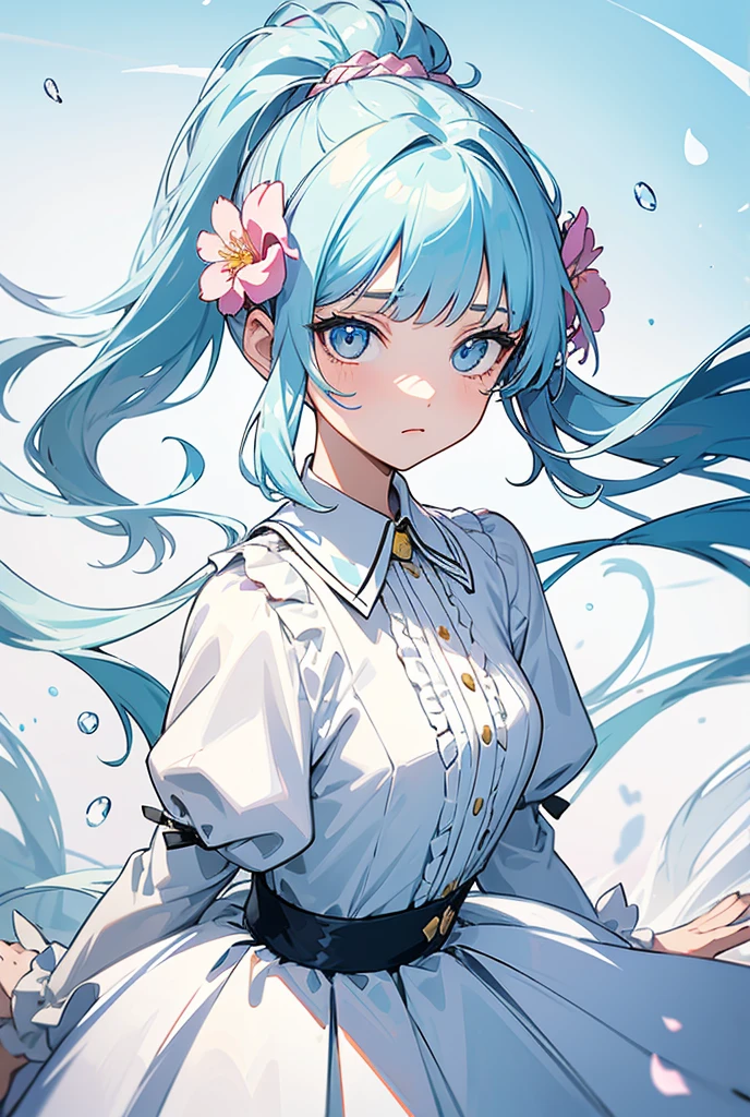 (masterpiece), (best quality), (ultra detailed),(disheveled hair),(illustration), (1girl), (Fashionable clothing), standing, Fashion model, looking at viewer, (interview), (simple background),beautiful detailed eyes, delicate beautiful face, Floating,(high saturation),(colorful splashes),colorful bubble,(shining), focus on face, ponytail, kamisato ayaka, light blue hair, bangs, hair ring, floating flowers, floating hairs, (shining), best lighting, best shadow,
