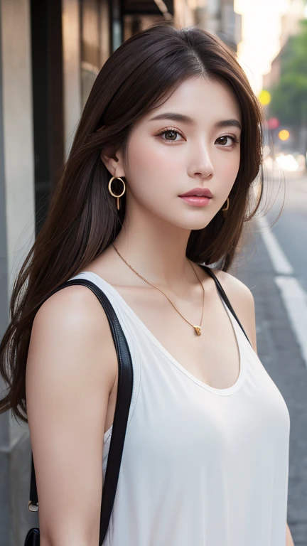 最high quality、masterpiece、High resolution、1 female、necklace、gem、Earrings、Beautiful Face、Body Up、Tyndall effect、Realistic、Rim Light、Two-tone lighting、(High resolutionスキン:1.2)、8k UHD、Digital SLR、Soft lighting、high quality、Volumetric lighting、photograph、High resolution、4K、8k、Brown haired woman、Adult、Small eyes、Perfect Mouth、Highly detailed eyes and mouth、Black natural eyes、Pure brown hair color、lol、Caucasian skin color、White shirt and random color tank top、Hair quality and shine、street、town、road、congestion、