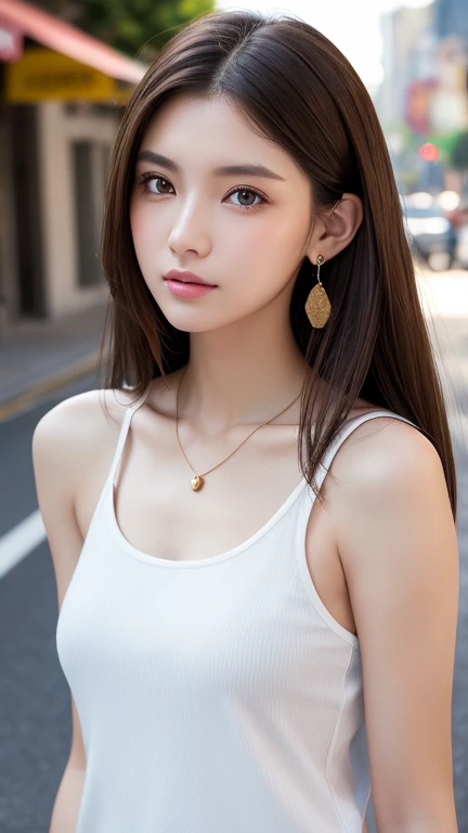 最high quality、masterpiece、High resolution、1 female、necklace、gem、Earrings、Beautiful Face、Body Up、Tyndall effect、Realistic、Rim Light、Two-tone lighting、(High resolutionスキン:1.2)、8k UHD、Digital SLR、Soft lighting、high quality、Volumetric lighting、photograph、High resolution、4K、8k、Brown haired woman、Adult、Small eyes、Perfect Mouth、Highly detailed eyes and mouth、Black natural eyes、Pure brown hair color、lol、Caucasian skin color、White shirt and random color tank top、Hair quality and shine、street、town、road、congestion、
