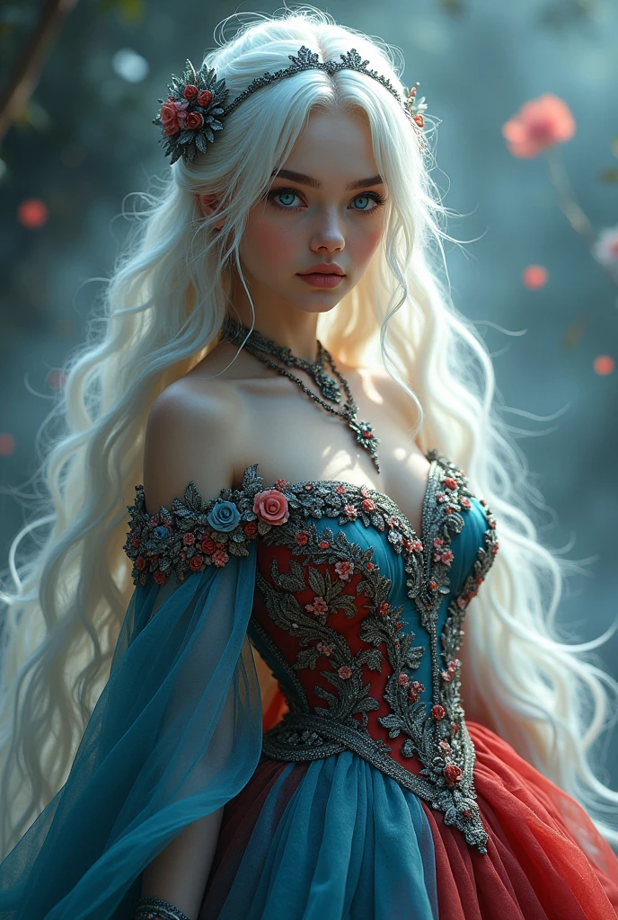 Princess, (((blue or red dress))), flowers, jewelry, long sleeves, wide sleeves, chinese clothes, hanfu, embroidery, long skirt, long flowing white hair, detailed face, detailed beautiful blue eyes, (intricate:1.3), (arcane aura:1.2), (dreamlike: 1.3), (subtle mist:1.1), (vibrant colors: 1.2), (detailed hair:1.3), (ultra realistic details:1.5), full body pic
