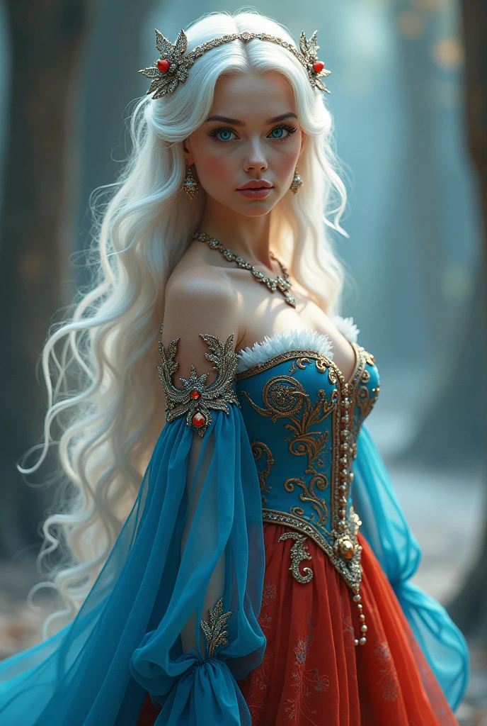 Princess, (((blue or red dress))), flowers, jewelry, long sleeves, wide sleeves, chinese clothes, hanfu, embroidery, long skirt, long flowing white hair, detailed face, detailed beautiful blue eyes, (intricate:1.3), (arcane aura:1.2), (dreamlike: 1.3), (subtle mist:1.1), (vibrant colors: 1.2), (detailed hair:1.3), (ultra realistic details:1.5), full body pic