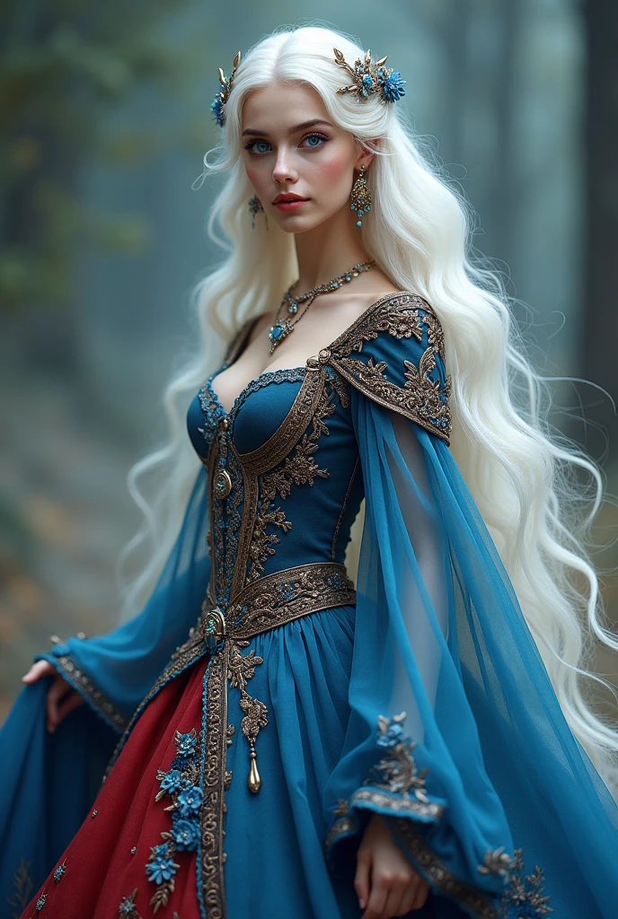 Princess, (((blue or red dress))), flowers, jewelry, long sleeves, wide sleeves, chinese clothes, hanfu, embroidery, long skirt, long flowing white hair, detailed face, detailed beautiful blue eyes, (intricate:1.3), (arcane aura:1.2), (dreamlike: 1.3), (subtle mist:1.1), (vibrant colors: 1.2), (detailed hair:1.3), (ultra realistic details:1.5), full body pic