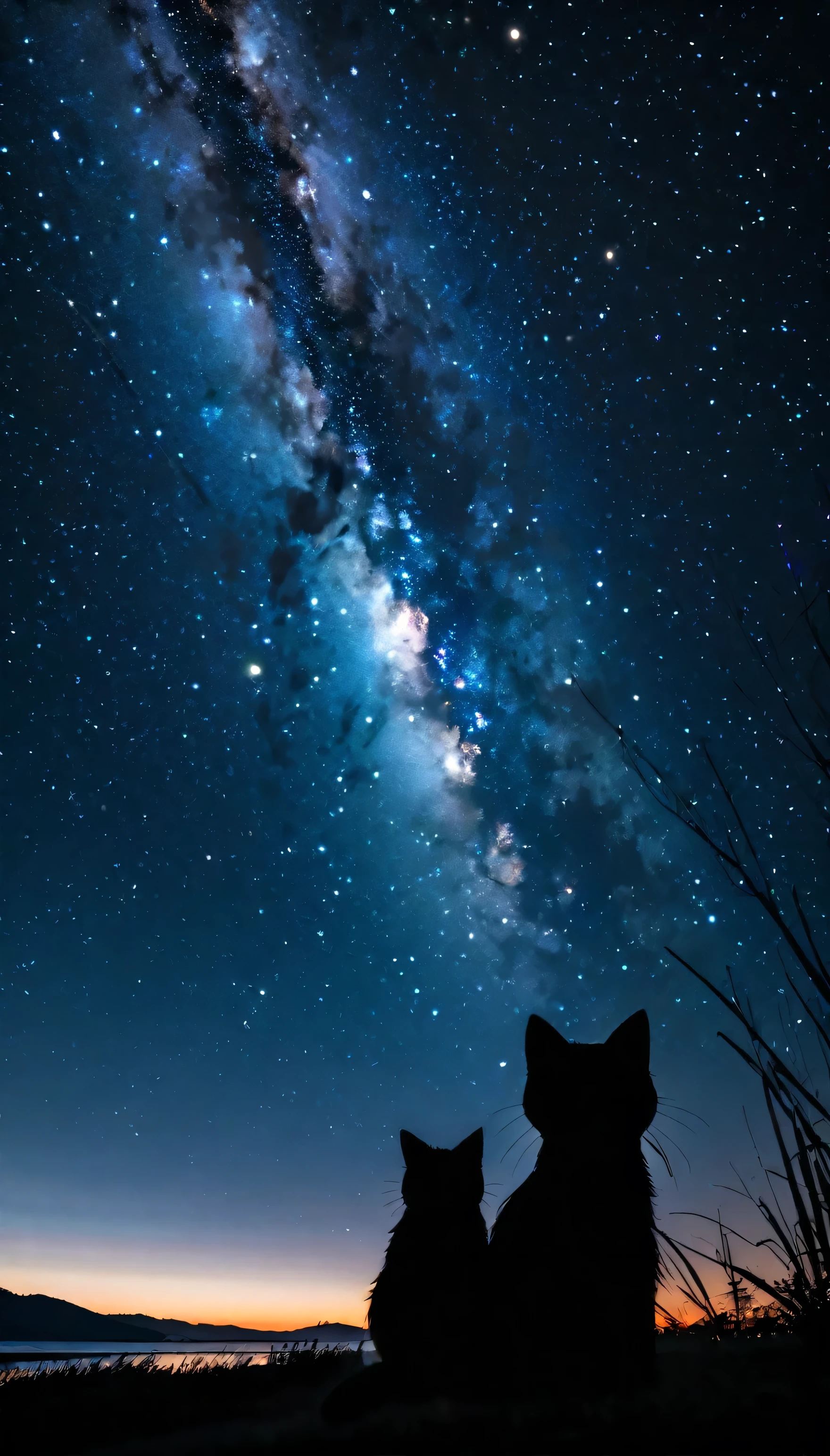 Many stars shine beautifully in the winter night sky., Long exposure starry sky, The silhouette of a sitting cat、Looking up at the stars, Photo taken from a distance, Down