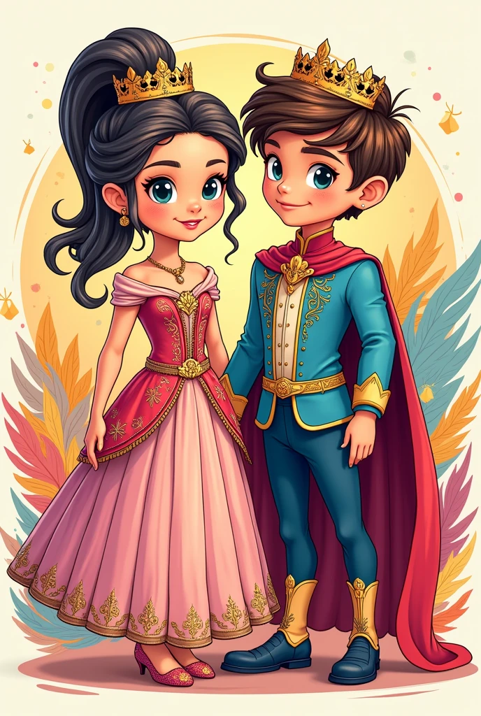 High detail vector drawing of a girl wearing a princess and a prince looking forward and showing their full bodies in the picture. Colorful line art drawing. Vector drawing. 
