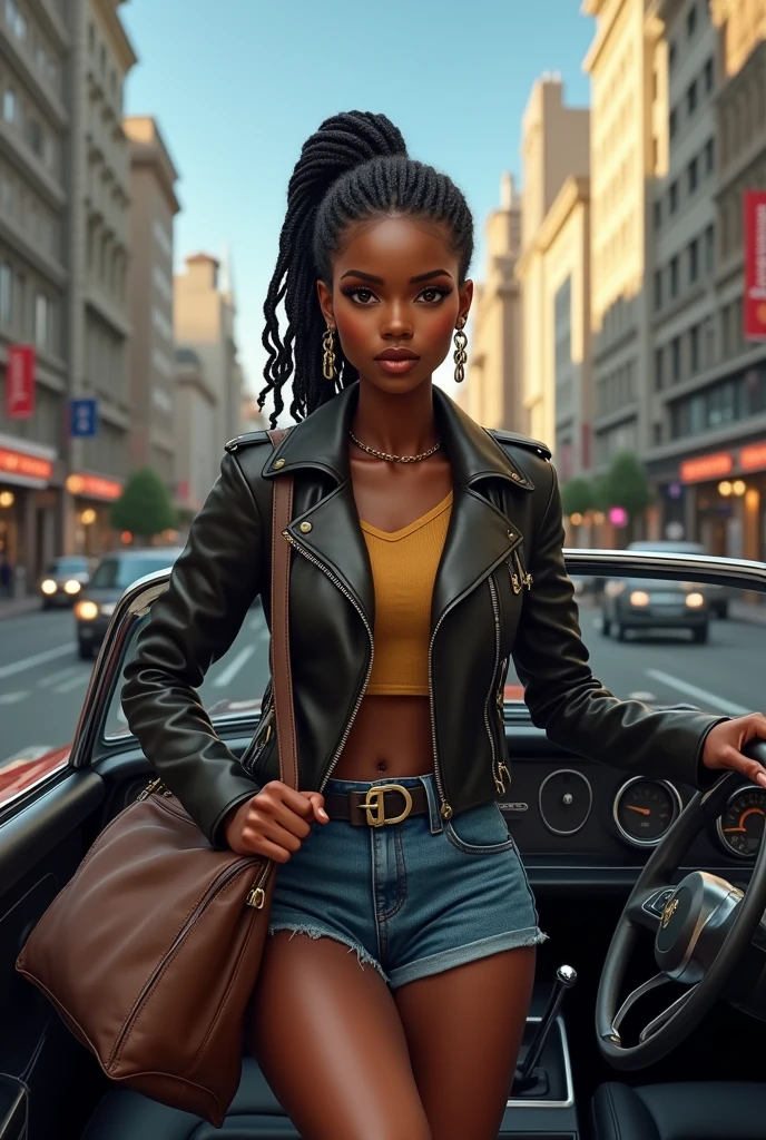 Fille africaine cheveux attaché veste cuir mini short jean grand sac a main, elle conduit une voiture 