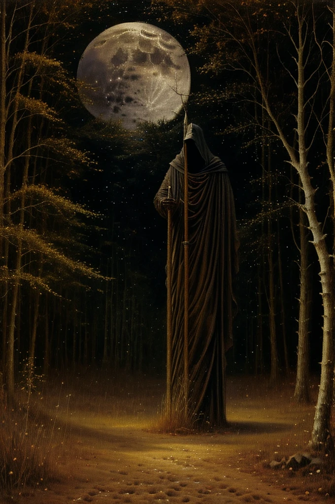 Create an illustration, against the backdrop of the night forest, the moon is shining in the sky, there stands a knight in armor, with sword in hands