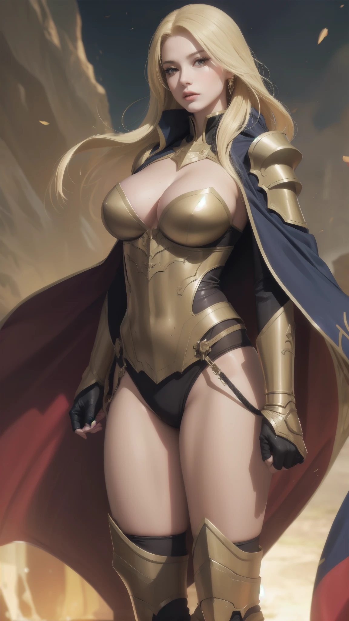 female, solo, cape, gauntlets, muscular, large breasts, lips, ((milf))