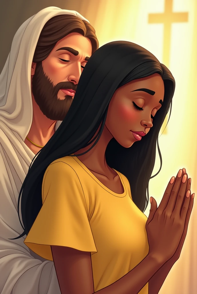 Disney-style drawing of a black woman with straight hair, with a yellow shirt, praying with Jesus by the side drawing