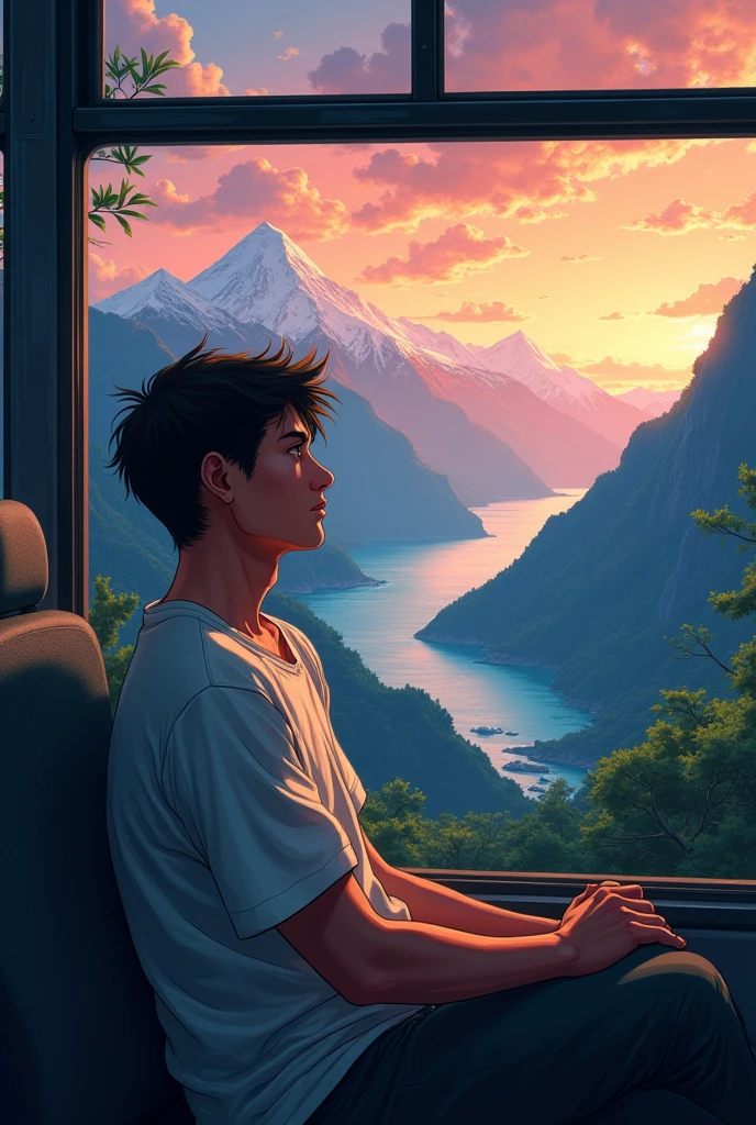 The overthinking boy age 30 sit in bus and seeing the outside to the window form bus in high altitude point mountain view sunet realistic Anime jungle and sea motivation