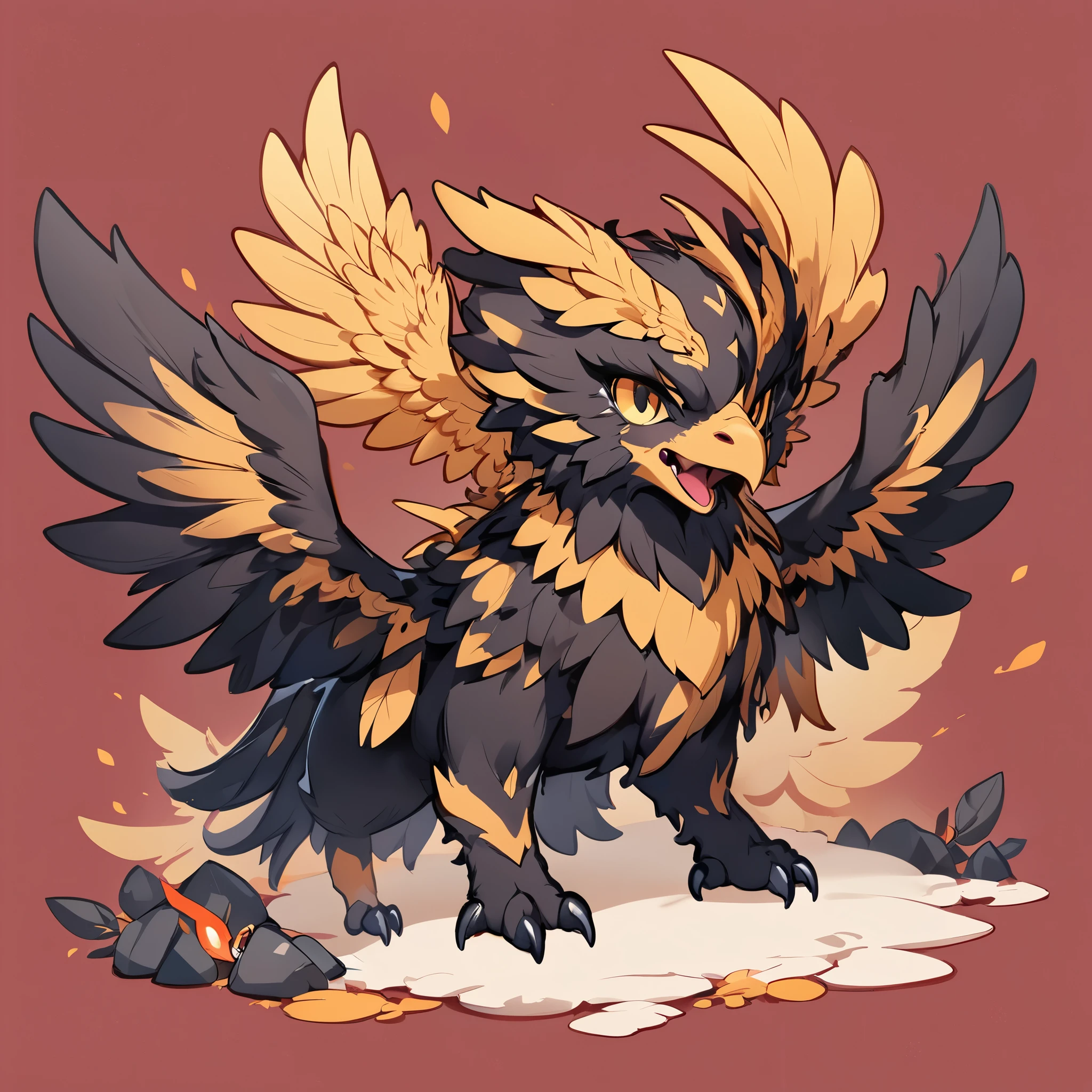 Griffon, Ferocious Eidolon, Chibi cute, チビGriffon, ((Mouth, Feather)), Mythical creatures, RPG Characters, Cute pose, Single color background, Deformation, Highest quality:1.2, Very detailed, masterpiece:1.2.