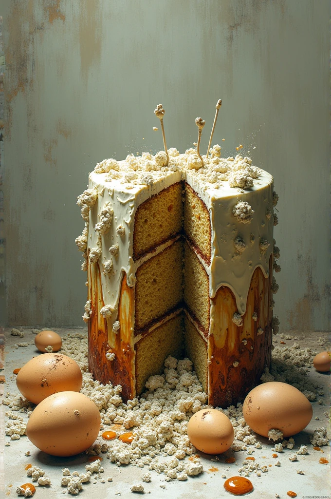 Can you draw me a sketch of a cake that has rotted with bite marks and around the ingredients? (eggs flour milk ) qui ont aussi moisi