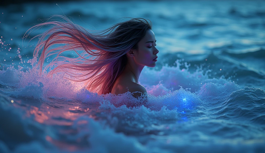 Fantasy art of an ethereal woman with flowing, iridescent hair, emerging from the ocean waves at twilight, her hair reflecting a spectrum of colors as it catches the light, creating a magical and otherworldly atmosphere, the water around her glowing with vibrant hues, cinematic composition, no watermark, no text, no texture, no signature
