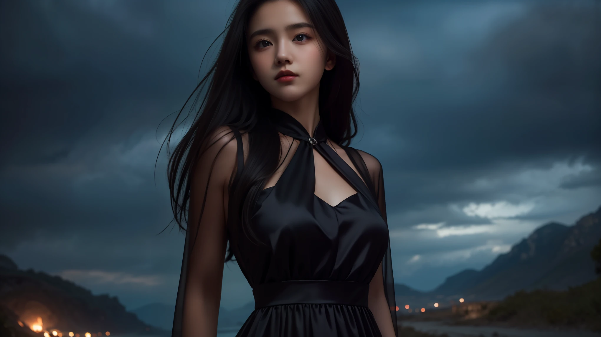 A 16k masterpiece, highest resolution, every detail, meticulousness, depth of field, bright colors, beautiful composition: a  girl with black hair and innocent eyes is so beautiful detailed, standing against a dark and ominous landscape. sexy silk dress outfit.