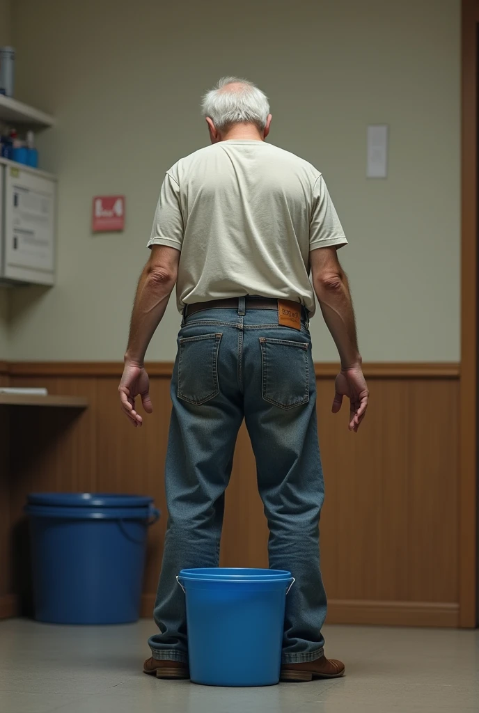 Man with his back turned with both hands forward towards his belly, pretending to pee in a blue bucket.