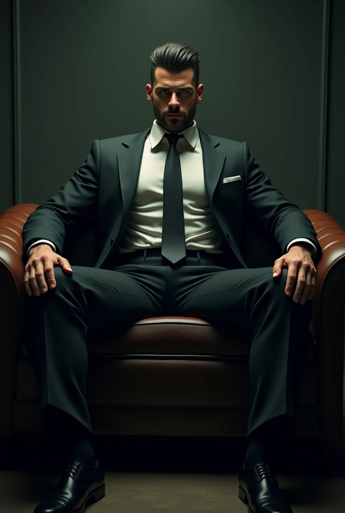 Handsome tall muscular man sitting on the couch with suit on, dominant, dark short hair, dark green eyes, dim light,