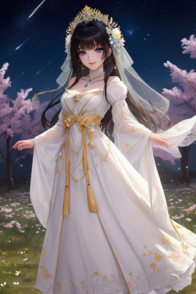 (masterpiece、Highest quality、8k、High resolution)、1 female、Beautiful eyes with slit length、Cute lips、Beautiful Nose、Brownish black hair、smile、(Best anime girl)、Green grassland with forest view、Walking,Colorful flowers blooming in the field,A bright night with the stars clearly visible、milky way、Mysterious light particles from the whole body、Colorful light particles、A mysterious light shining around your head、melt、jewelry、necklace、White lace dress、(Beautiful full body style)、Highly detailed anime art、A complete portrayal、