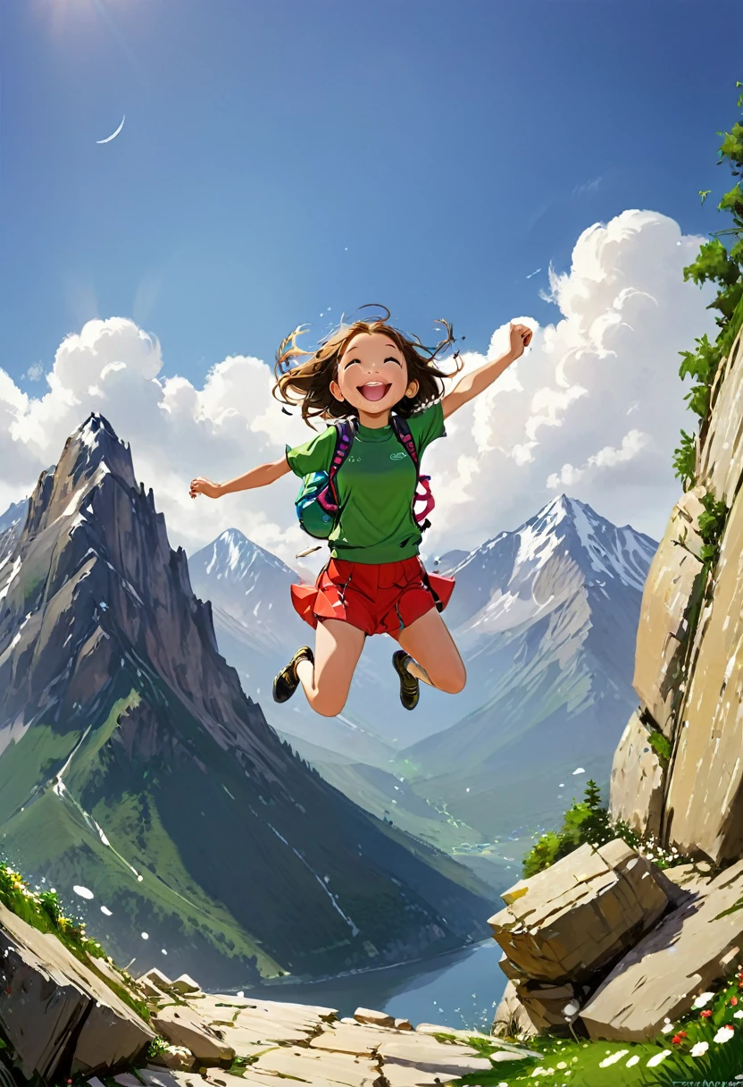 masterpiece,best quality,1girl,mountain,jump,smile,dynamic