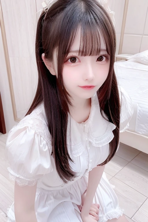 masutepiece, Best Quality, Illustration, Ultra-detailed, finely detail, hight resolution, 8K Wallpaper, Perfect dynamic composition, Beautiful detailed eyes, Women's Fashion Summer,Medium Hair,small tits,Natural color lip, Bold sexy poses,Smile,harajuku、20 years girl、Cute、Sexy shot looking at camera、The background is night、Before going to bed in the bedroom、High resolution, Long Hair, smile, Anatomically correct, 最high quality, accurate, masterpiece, High resolution, masterpiece, Anatomically correct, accurate, Winner of numerous awards, 最high quality, detail, 高いdetail, High-resolution model, high quality, Retina, Very detailed, Ultra high definition, Textured skin, Long Hair, bangs, 目の間のbangs, とてもLong Hair, Bangs, Shiny Hair, Shallow brown hair, Hair that falls over the shoulders, Hime cut, Pajamas、A cute and beautiful girl wearing a negligee、Beautiful cute pretty girl model in pajamas、Remove all hair accessories and wear nothing、