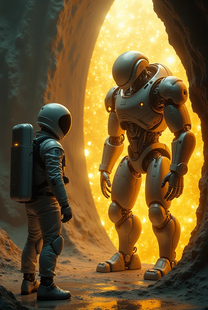 Creative image in which a man in advanced spaceship suit finding a golden big crystal in a cave keypad advanced robot in front of the Crystal and make a big fighting sequence between Astronaut and the robot and the astronaut should be in the fight and the robot body should be Tare into parts