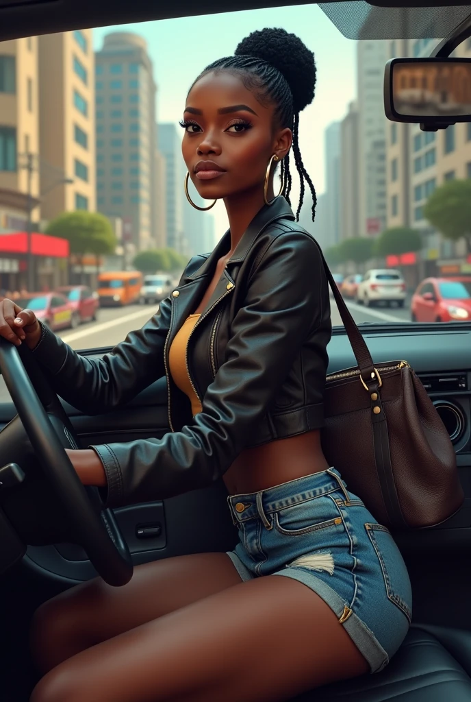 Fille africaine cheveux attaché veste cuir mini short jean grand sac a main, elle conduit une voiture
