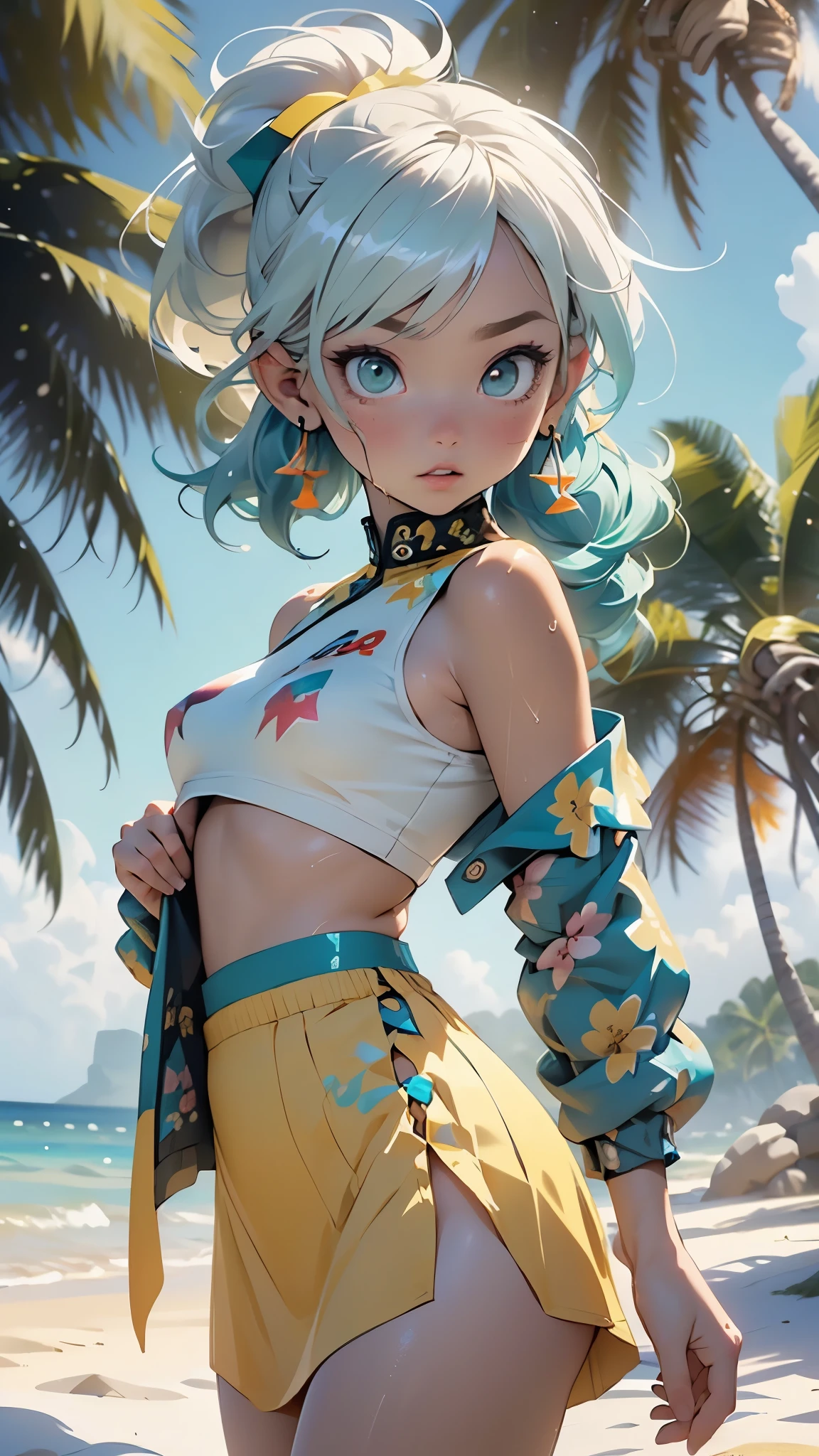 cute little ,(((little ,small tiny body,petite,chibi))),((())),((little with extremely cute and beautiful aqua hair)),(),(round face),
(((flat chest))),(((aqua hair:1.5,long aqua hair,ponytail,colored inner hair,ear breathing,))),((heterochromia:1.5, (aqua_eye and yellow_eye))),intricate eyes,beautiful detailed eyes,symmetrical eyes,big eyes:1.5,(((lustrous skin:1.5,bright skin: 1.5,skin tanned,shiny skin,very shiny skin,shiny body,plastic glitter skin,exaggerated shiny skin,illuminated skin,wet legs))),(detailed body,(detailed face)),
cute,slutty,erotic,((nsfw)),
zettai ryouiki,(revealing clothing,show skin),((sideboob)),(barefoot,),(((breast curtain,low rise mini skirt,high cut thong))),((colorful clothes, clothes in neon colors)),((wet clothes,intricate outfit,intricate clothes)),
(dynamic pose:1.0),solo focus,embarrassed,(centered,scale to fit dimensions,Rule of thirds),
outdoor,((beach rave party)),scenery:1.25,((intricate scenery)),((beach rave party background)),beach rave party atmosphere,Summer beach party,sand,beach party behind,harmonized orange sunset adding to the atmosphere of a summer beach party,beach party atmosphere,Boom festival,European rave,Cytorance festival,time golden,Ozora festival,sea,horizon,palm,palm trees,Christmas lights,
(Glossy rave ornaments),highres,sharp focus,(ultra detailed,extremely detailed),(photorealistic artwork:1.37),(extremely detailed CG unity 8k wallpaper),(((vibrant colors,vibrant theme))),(intricate),(masterpiece),(best quality),artistic photography,(photography taken by sldr),(intricate background),perfect rendered face,perfect face details,realistic face,photo realistic,((intricate detail)),(((realism))),